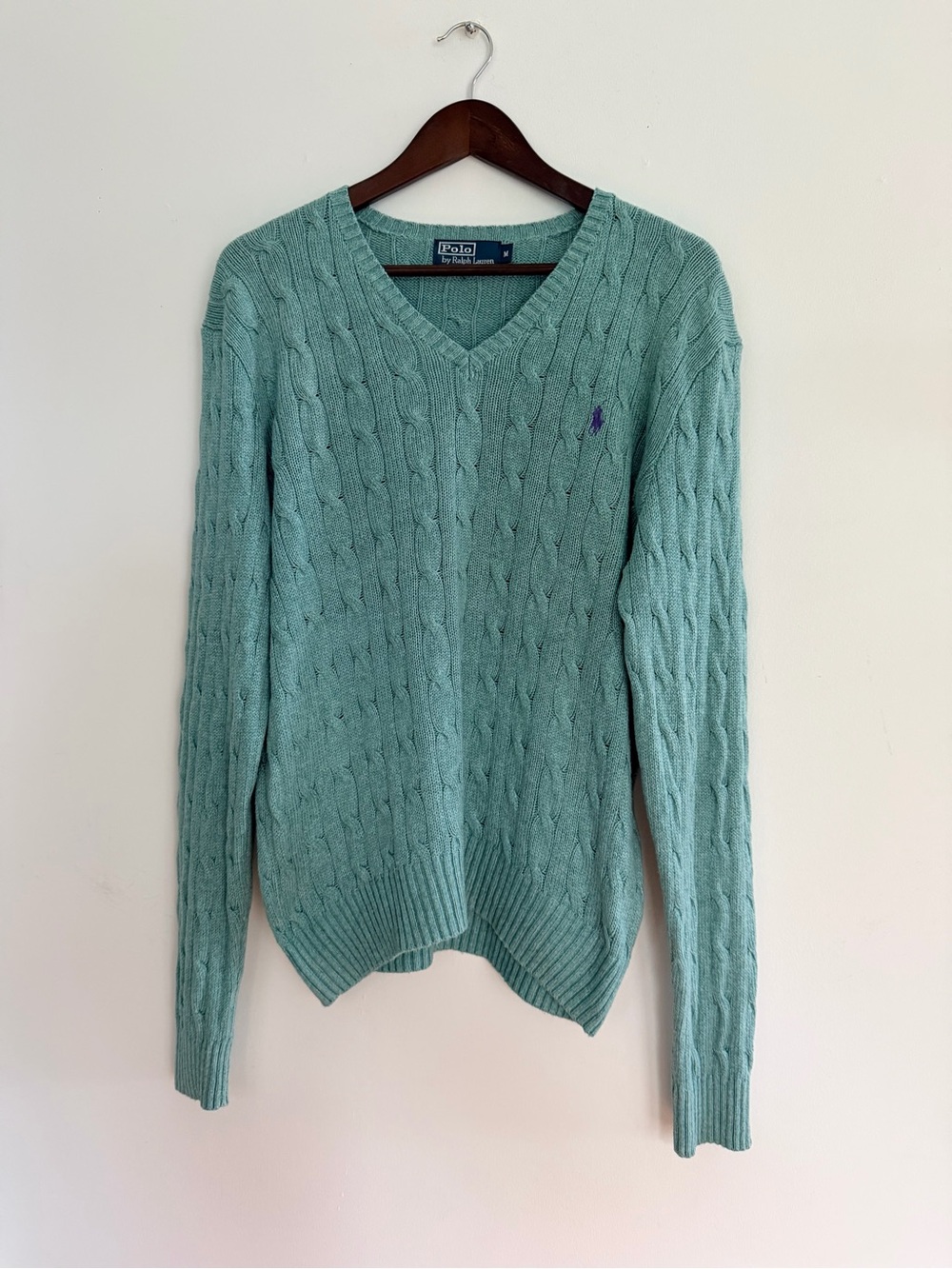 Polo by Ralph Lauren Men’s V-Neck Cable Knit Silk Sweater - Seafoam Green
